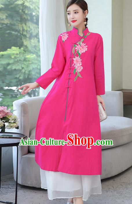 Chinese Traditional Embroidered Rosy Cotton Slubbed Cheongsam Costume China National Qipao Dress for Women