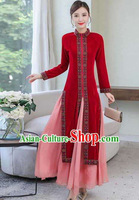 Chinese Traditional Red Velvet Cheongsam Costume China National Qipao Dress for Women