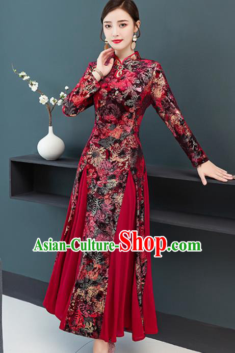 Chinese Traditional Compere Mother Printing Red Cheongsam Costume China National Qipao Dress for Women