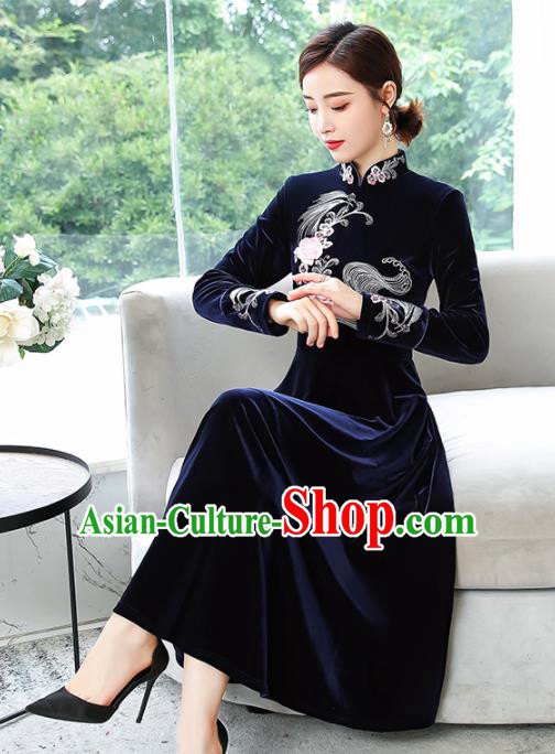 Chinese Traditional Embroidered Navy Velvet Cheongsam Costume China National Qipao Dress for Women