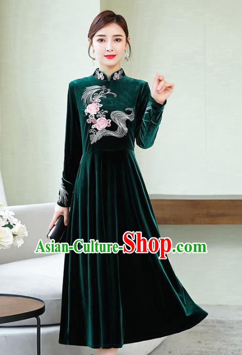 Chinese Traditional Embroidered Deep Green Velvet Cheongsam Costume China National Qipao Dress for Women