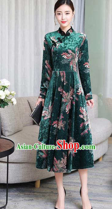 Chinese Traditional Printing Green Velvet Mother Cheongsam Costume China National Qipao Dress for Women