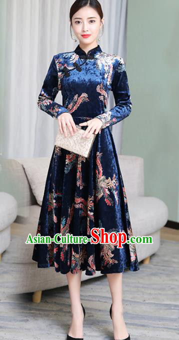 Chinese Traditional Printing Deep Blue Velvet Mother Cheongsam Costume China National Qipao Dress for Women