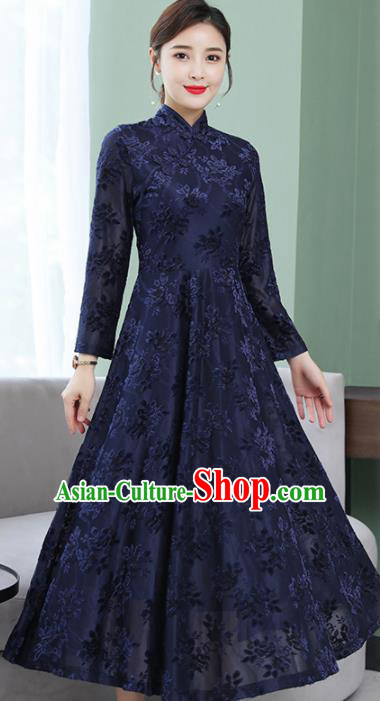 Chinese Traditional Embroidered Navy Mother Cheongsam Costume China National Qipao Dress for Women