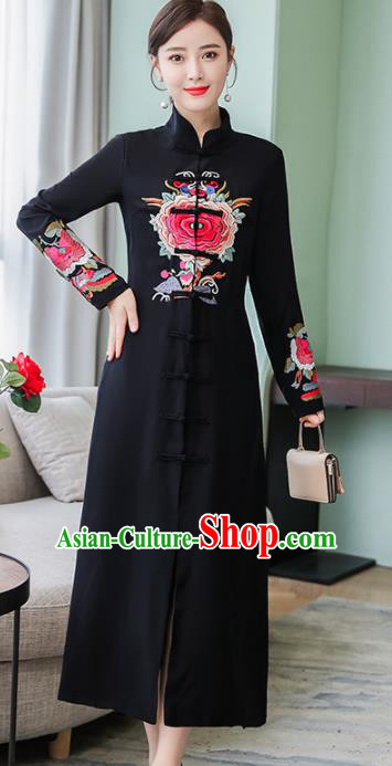 Chinese Traditional Embroidered Peony Black Front Opening Cheongsam Costume China National Qipao Dress for Women