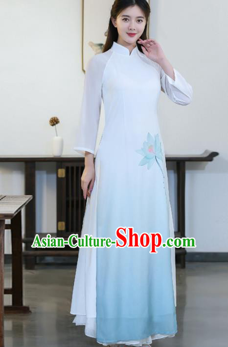 Chinese Traditional Printing Lotus Light Blue Cheongsam Costume China National Qipao Dress for Women