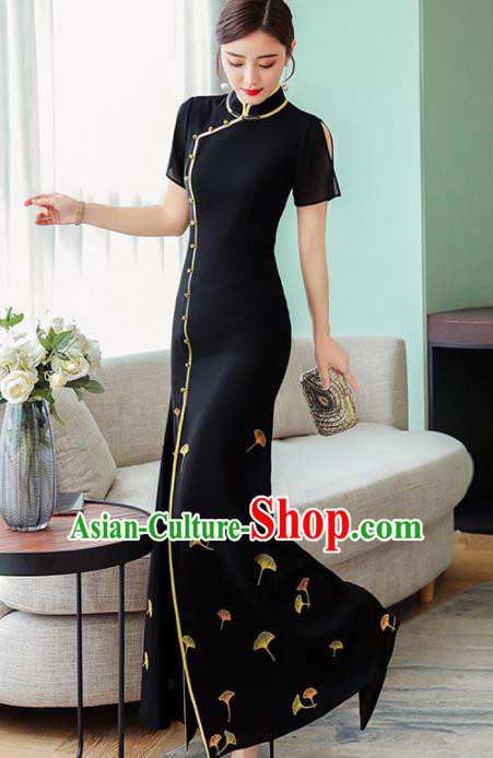 Chinese Traditional Printing Ginkgo Leaf Black Cheongsam Costume China National Qipao Dress for Women