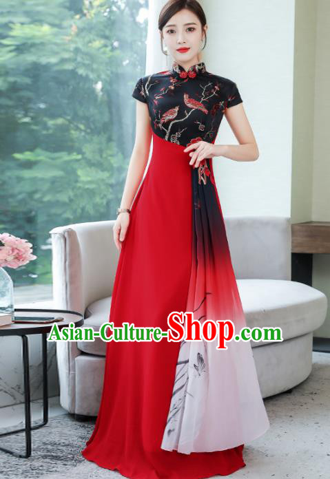 Chinese Traditional Compere Printing Orchid Red Cheongsam Costume China National Qipao Dress for Women