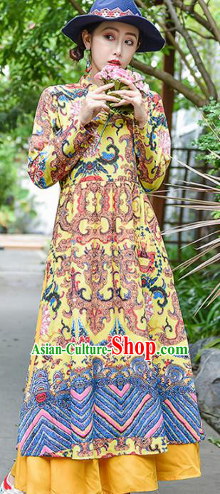 Chinese Traditional Printing Yellow Cheongsam Costume China National Qipao Dress for Women