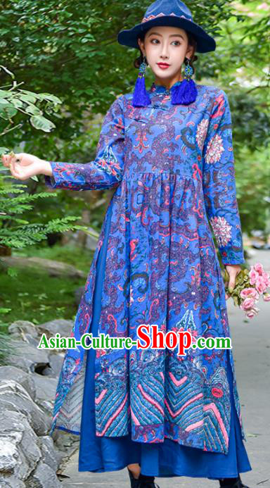 Chinese Traditional Printing Royalblue Cheongsam Costume China National Qipao Dress for Women