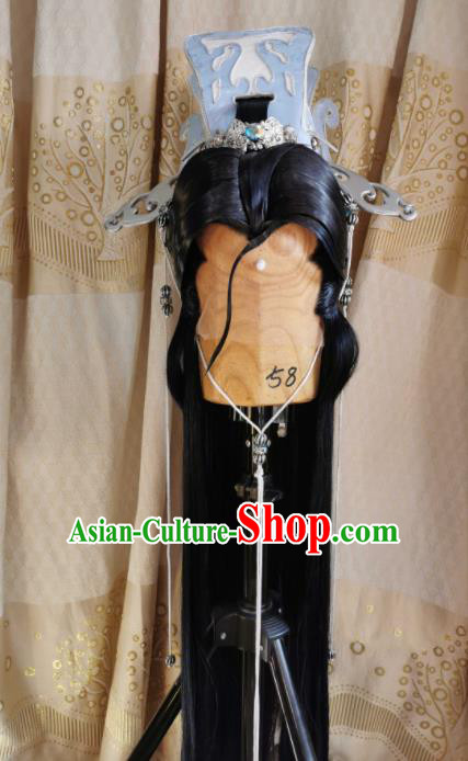 Custom Chinese Cosplay Swordsman Black Wigs Ancient Knight Hair Chignon and Accessories for Men