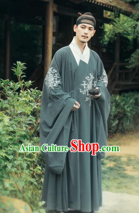 Chinese Ancient Taoist Priest Atrovirens Embroidered Robe Traditional Ming Dynasty Scholar Costumes for Men