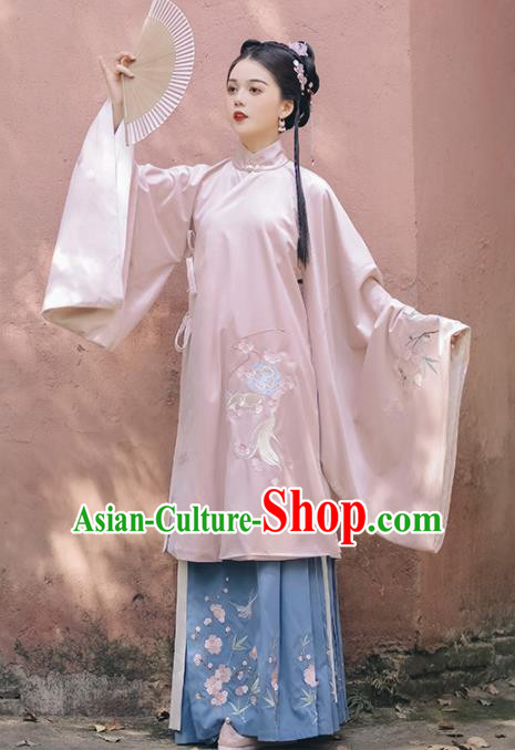 Chinese Ancient Rich Lady Embroidered Pink Gown and Skirt Traditional Ming Dynasty Court Costumes for Women