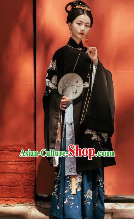 Chinese Ancient Young Mistress Embroidered Black Gown and Skirt Traditional Ming Dynasty Nobility Lady Costumes for Women