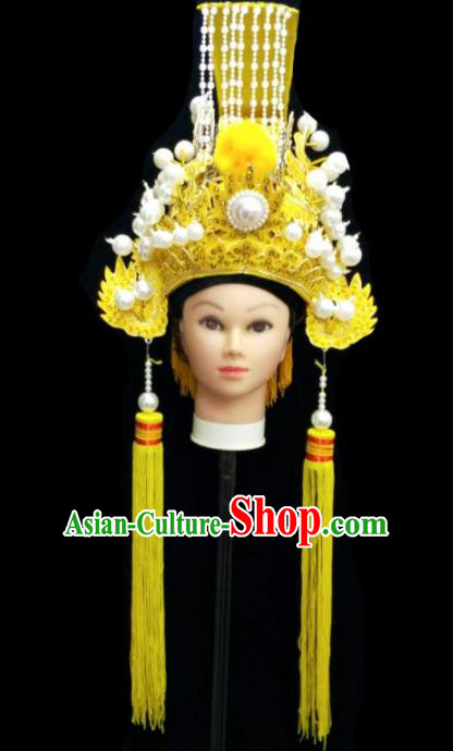 Chinese Traditional Peking Opera Yellow Hat Handmade Ancient Emperor Headwear for Men