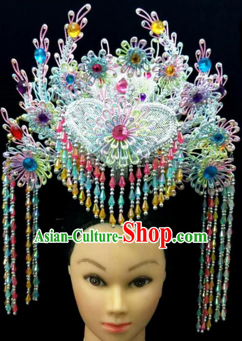 Chinese Traditional Peking Opera Queen Blue Phoenix Coronet Hairpins Handmade Beijing Opera Diva Hair Accessories for Women