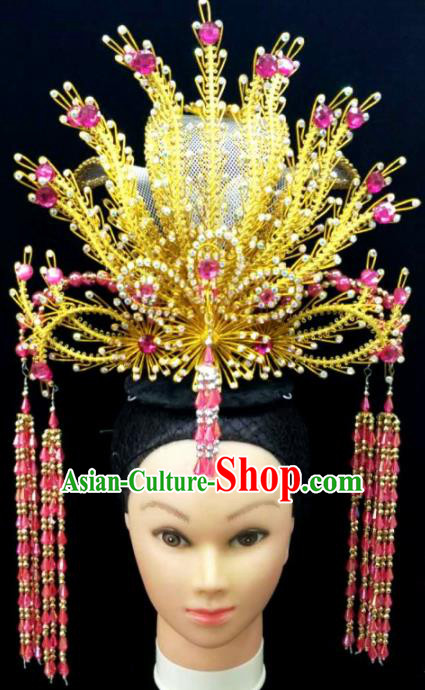 Chinese Traditional Peking Opera Queen Rosy Crystal Phoenix Coronet Hairpins Handmade Beijing Opera Diva Hair Accessories for Women