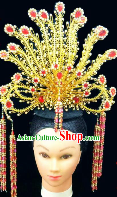 Chinese Traditional Peking Opera Queen Red Crystal Phoenix Coronet Hairpins Handmade Beijing Opera Diva Hair Accessories for Women