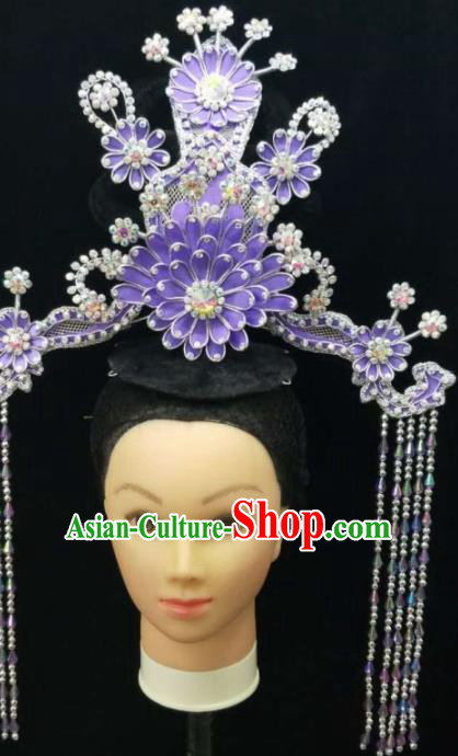 Chinese Traditional Peking Opera Queen Purple Lotus Phoenix Coronet Hairpins Handmade Beijing Opera Diva Hair Accessories for Women