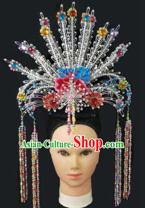 Chinese Traditional Peking Opera Queen Colorful Phoenix Crown Hairpins Handmade Beijing Opera Diva Hair Accessories for Women