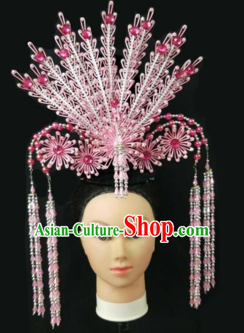 Chinese Traditional Peking Opera Queen Pink Phoenix Crown Hairpins Handmade Beijing Opera Diva Hair Accessories for Women