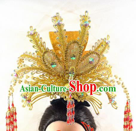 Chinese Traditional Peking Opera Princess Golden Phoenix Crown Handmade Ancient Court Lady Hair Accessories for Women