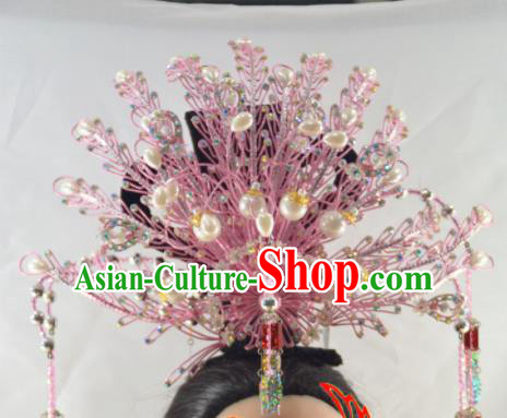 Chinese Traditional Peking Opera Princess Pink Phoenix Crown Handmade Ancient Court Lady Hair Accessories for Women