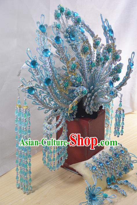 Chinese Traditional Peking Opera Queen Blue Beads Tassel Phoenix Crown Handmade Ancient Court Lady Hair Accessories for Women