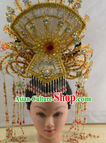 Chinese Traditional Peking Opera Queen Golden Tassel Phoenix Crown Handmade Ancient Court Lady Hair Accessories for Women