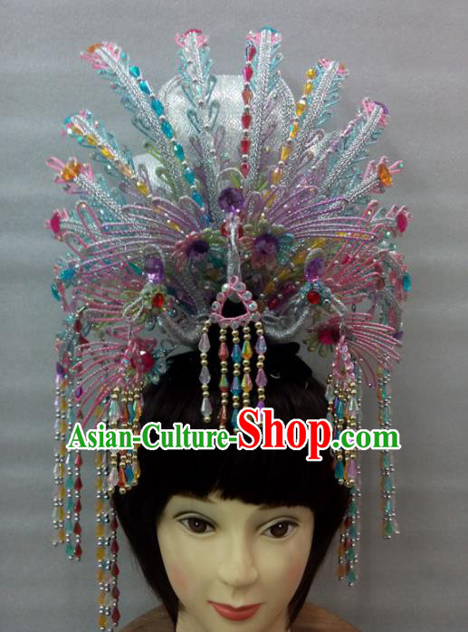 Chinese Traditional Peking Opera Diva Colorful Tassel Phoenix Crown Handmade Ancient Court Lady Hair Accessories for Women