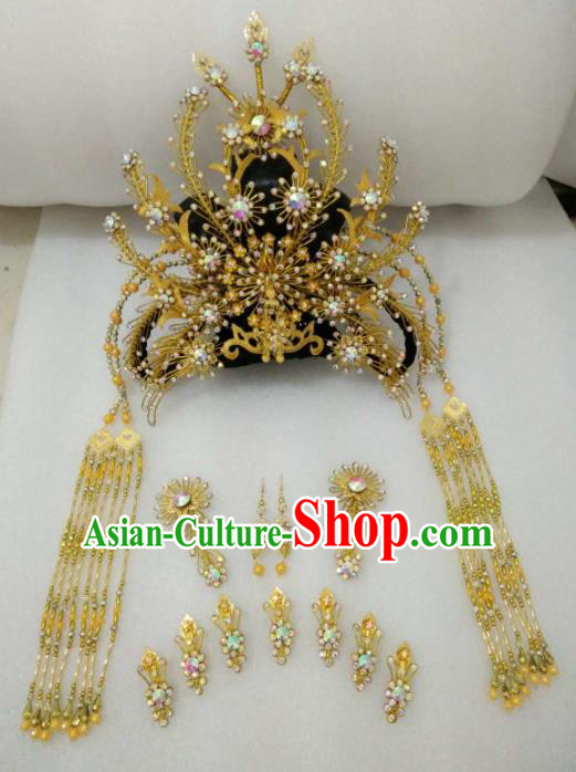 Chinese Traditional Peking Opera Golden Hairpins Phoenix Coronet Handmade Beijing Opera Diva Hair Accessories for Women