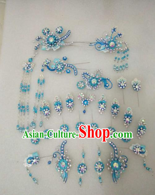 Chinese Traditional Peking Opera Blue Hairpins Handmade Beijing Opera Diva Hair Accessories for Women