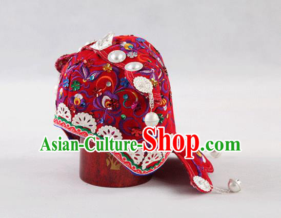 Chinese Traditional Yi Nationality Embroidered Red Hat Handmade Ethnic Hair Accessories for Kids