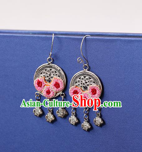 Chinese Traditional Miao Nationality Pink Embroidered Silver Earrings Handmade Ethnic Ear Accessories for Women