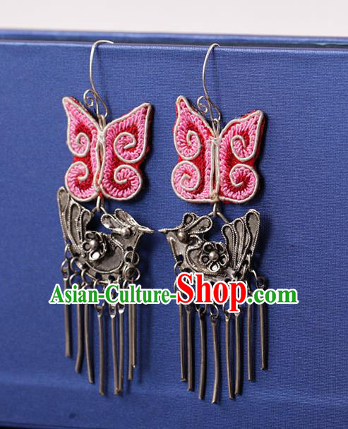 Chinese Traditional Miao Nationality Embroidered Pink Butterfly Silver Earrings Handmade Ethnic Ear Accessories for Women