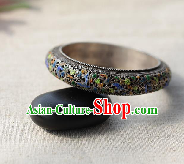 Chinese Traditional Miao Nationality Silver Carving Bracelet Handmade Ethnic Cloisonne Accessories for Women