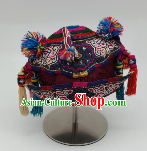 Chinese Traditional Miao Nationality Embroidered Red Hat Handmade Ethnic Hair Accessories for Kids