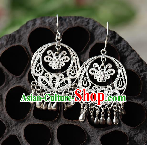 Chinese Traditional Miao Nationality Butterfly Earrings Handmade Ethnic Silver Ear Accessories for Women