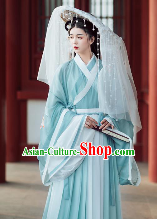 Chinese Ancient Female Swordsman Embroidered Green Hanfu Dress Traditional Jin Dynasty Nobility Lady Costumes for Women