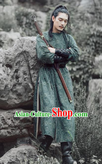 Chinese Ancient Swordsman Embroidered Green Robe Traditional Tang Dynasty Imperial Bodyguard Costumes for Men