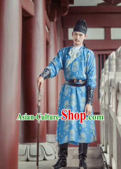 Chinese Ancient Chivalry Swordsman Blue Robe Traditional Tang Dynasty Imperial Bodyguard Costumes for Men