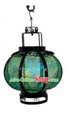 Chinese Classical Green Gauze Round Palace Lantern Traditional Handmade Ironwork Ceiling Lamp