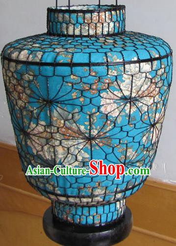 Chinese Outdoor Classical Printing Flower Blue Palace Lantern Traditional Handmade Ironwork Ceiling Lamp