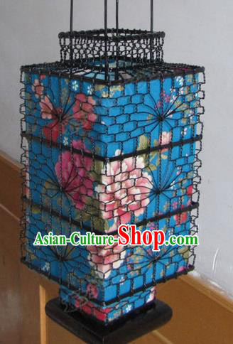 Chinese Outdoor Classical Printing Peony Blue Quadrate Palace Lantern Traditional Handmade Ironwork Ceiling Lamp