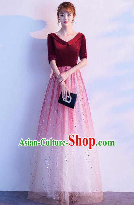 Top Grade Compere Wine Red Full Dress Annual Gala Stage Show Chorus Costume for Women