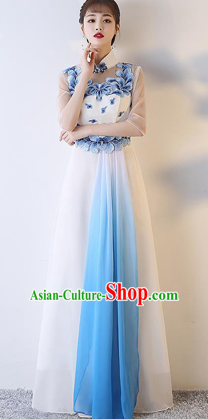 Top Grade Compere Embroidered White Full Dress Annual Gala Stage Show Chorus Costume for Women