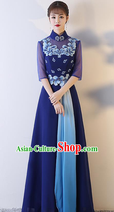 Top Grade Compere Embroidered Royalblue Full Dress Annual Gala Stage Show Chorus Costume for Women