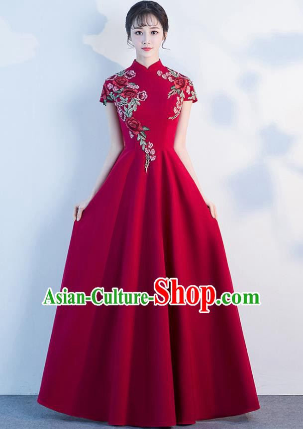 Top Grade Compere Embroidered Roses Wine Red Full Dress Annual Gala Stage Show Chorus Costume for Women