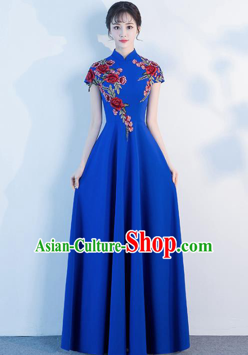 Top Grade Compere Embroidered Roses Royalblue Full Dress Annual Gala Stage Show Chorus Costume for Women