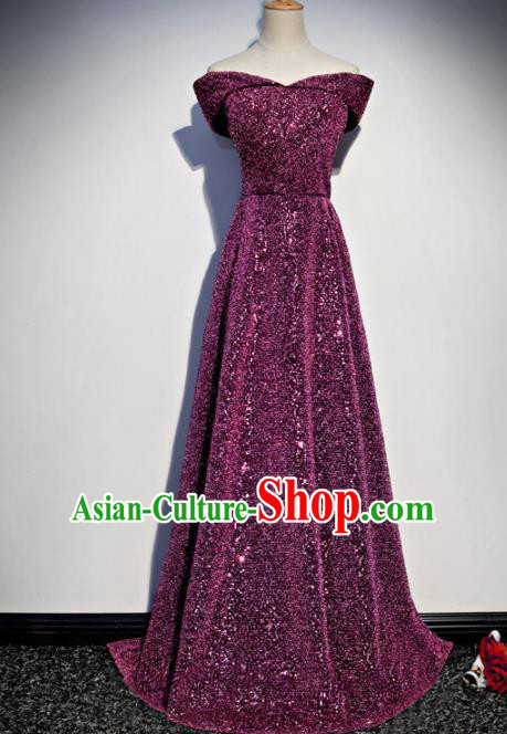 Top Grade Compere Purple Sequins Full Dress Annual Gala Stage Show Chorus Costume for Women